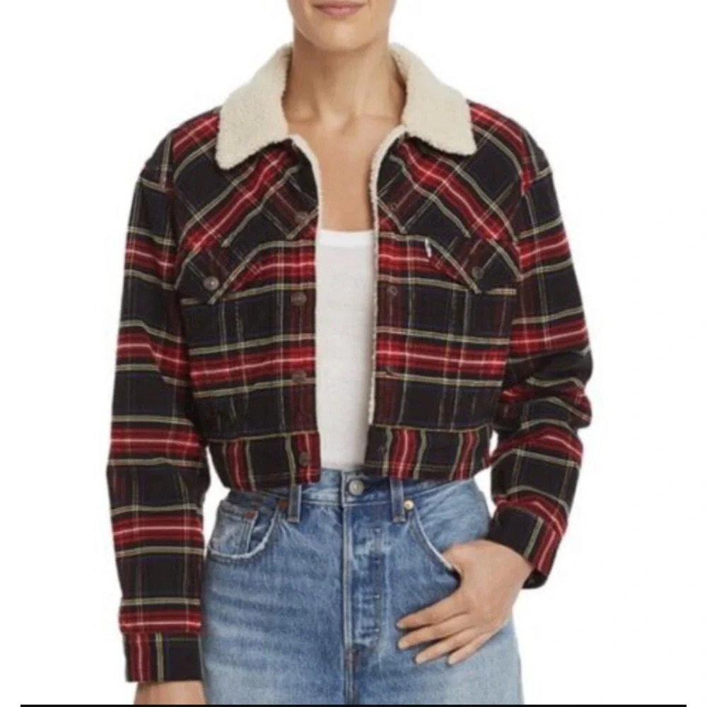 Levi's Ex-Boyfriend Tartan Plaid Corduroy Cropped Sherpa Jacket Size Small